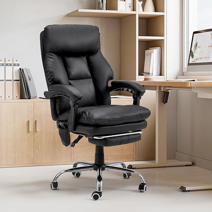 HOMREST Ergonomic Office Chair with 6-Point Massage & Heating,Adjustable Executive Desk Chairs,Retractable Footrest,Dual-Layer Soft Cushion,PU Leather Black