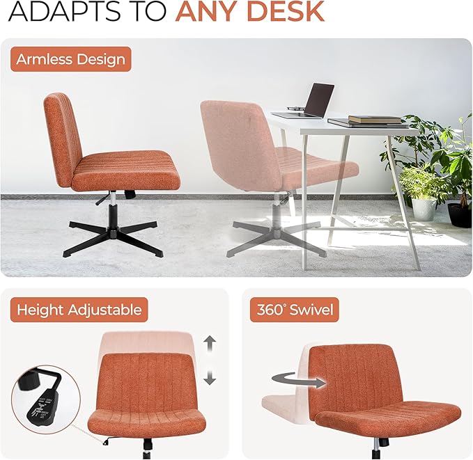 Orange Factory Criss Cross Chair No Wheel Wide Cross Legged Office Desk Vanity Chair Comfy Fabric Armless Adjustable Swivel for Home Computer Task (Brown No Wheel, Classic Fabric)