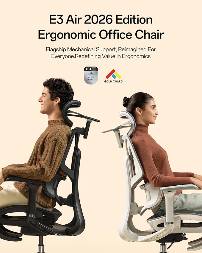Hbada E3 Air 2026 Ergonomic Office Chair, 3-Zone Lumbar Support, Comfy Home Office Chair with Auto Recline, 4D Headrest & Armrests, 140° Tilt for Work & Relax with Footrest, Black with Footrest