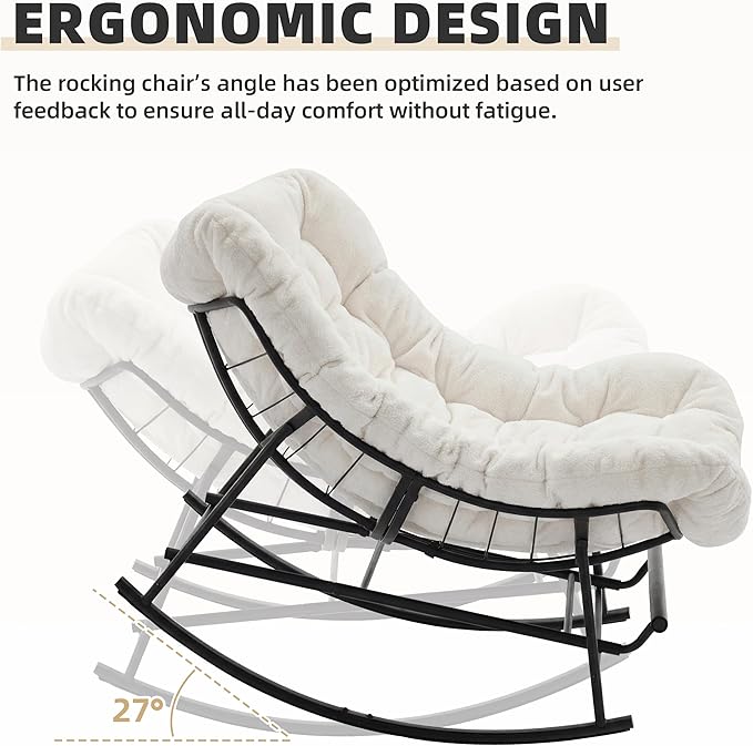 Oversized Rocking Chair Indoor with Foot Rest, Papasan Rocking Chair Outdoor, Lounge Chair with Cushion, Patio Egg Rocker Chairs, Comfy Reading Chairs for Living Room, Garden, Lawn, White