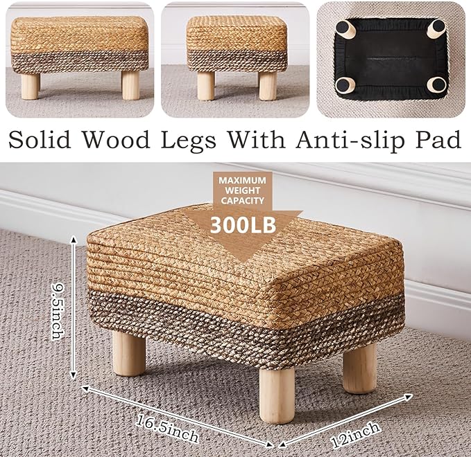 Wimarsbon Natural Seagrass Footstool Ottoman Rectangular Footrest Pouf Ottomans with Wooden Legs Hand Weave Step Stool for Living Room Bedroom Entryway Purple