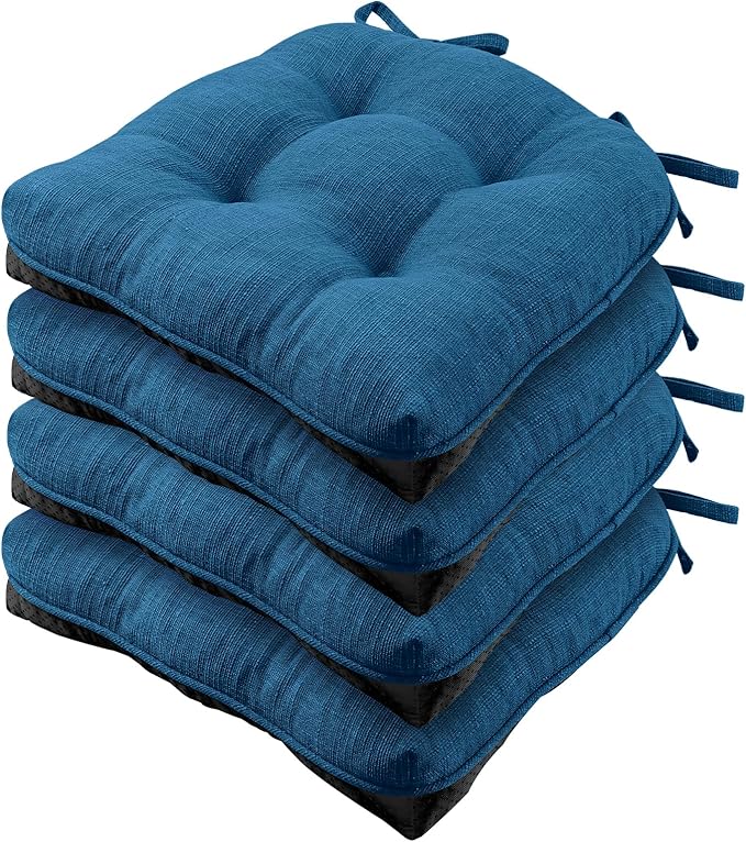 Wellsin Chair Cushions for Dining Chairs, Non-Slip Kitchen Chair Pads with Ties, Tufted Shredded Foam Kitchen Chair Cushions Set of 4, 15.5" X 15.5", Turquoise