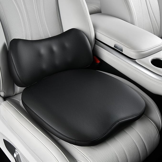Coverado Memory Foam Car Seat Cushion and Lumbar Support Pillow for Driving Seat, Ergonomic Design Soft and Breathable PU Leather, High Density Memory Foam for Neck & Lower Back Pain Relie