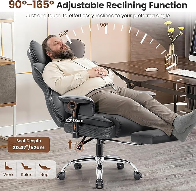 BESTFAIR Big and Tall Office Chair - High Back Executive Chair with Footrest & Lumbar Support for Heavy People, Adjustable Arms, Padded Wide Seat Computer Gaming Chair, Heavy Duty, Gray