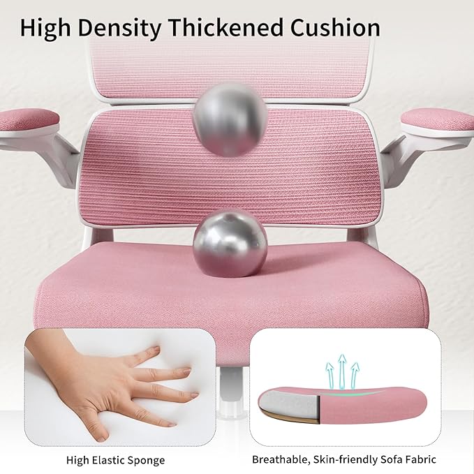 Office Chair, Ergonomic Desk Chair - Thick Cushion Adjustable Height Computer Chair with Lumbar Support and Flip-up Armrests, Pink Home Office Desk Chairs, Swivel Executive Task Chair…