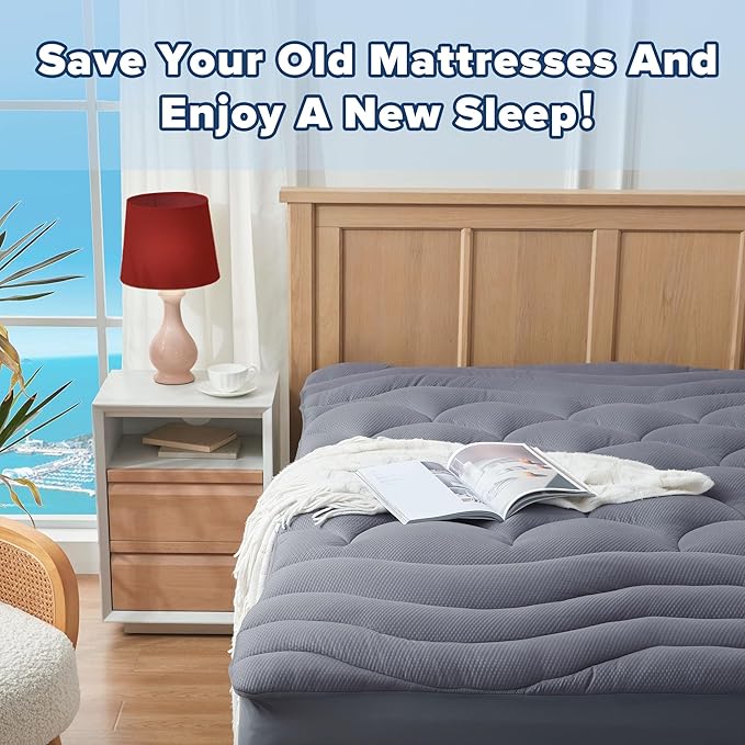 ELVEN HOME Twin Size Mattress Pad for Pain Relief, Pillow Top Cooling Twin Mattress Topper for Single Bed, Thick Fluffy Mattress Protector Cover Quilted Fitted Deep Pocket (39x75 inch, Grey)