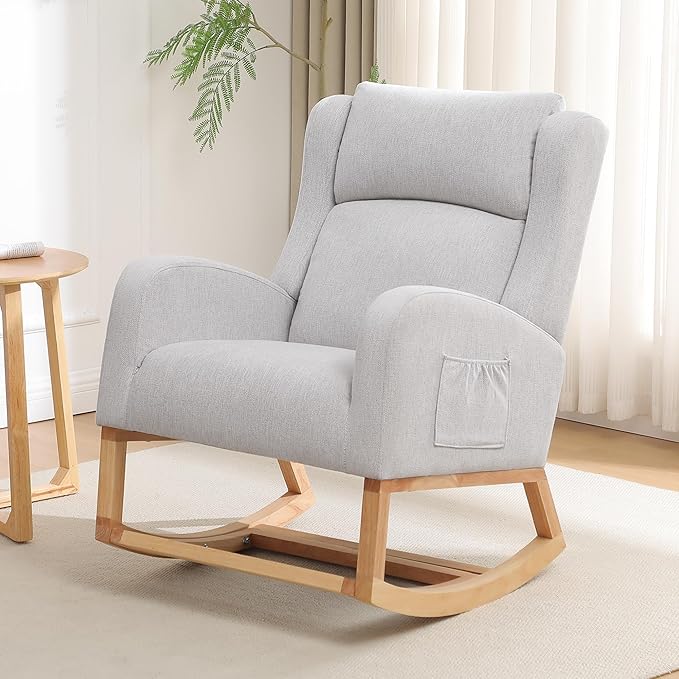 HCHAIRH Rocking Chair Nursery, Nursing Rocking Chairs for Mom Nursery, Comfy Wingback Glider Rocking Armchair with Foot Rest and Side Pocket for Nursery Living Room Bedroom, Light Grey