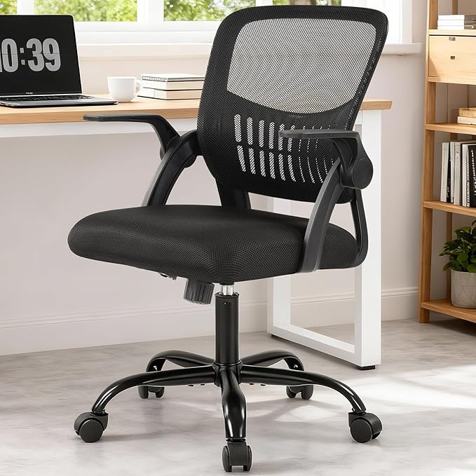Sweetcrispy Home Office Managerial Executive Chair, Flip Up Armrest Ergonomic Mesh Adjustable Swivel Mid-Back Computer Desk Chair with Comfortable Lumbar Support, Comfy Arms for Bedroom,Study