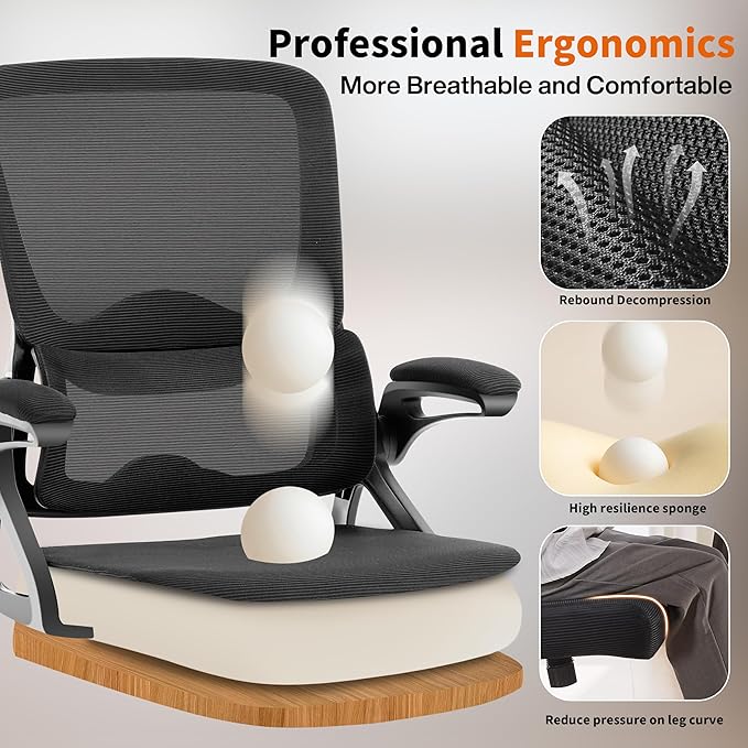 Ergonomic Office Chair,Mesh Office Chair with Lumbar Support,Mid Back Desk Chair with Flip-up Arms,400 lbs Comfy Computer Chair for Home Office (Jet Black)