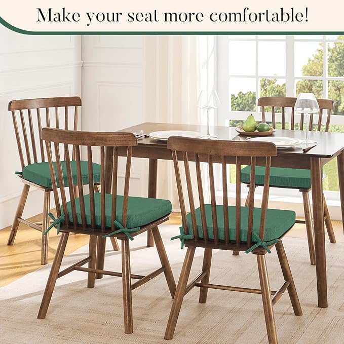 Basic Beyond Chair Cushions for Dining Chairs 4 Pack, Kitchen Chair Cushions with Ties and Non Slip Backing, 16 x 16 inches Chair Pads for Dining Chairs (Forest Green)
