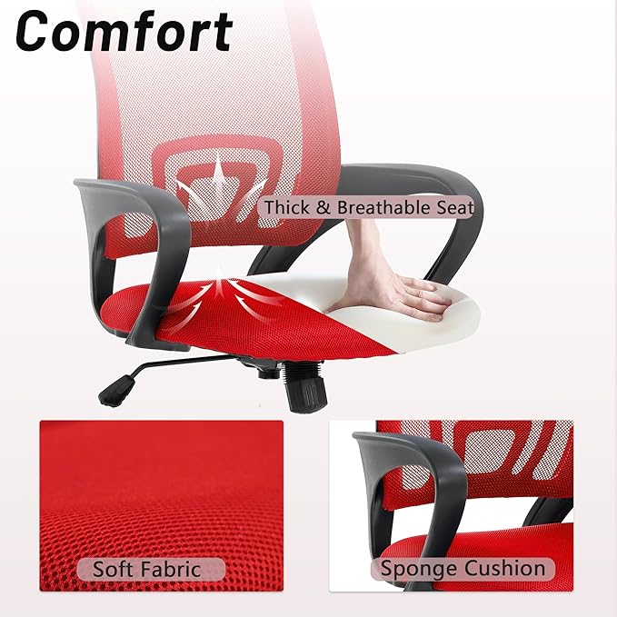 Office Chair,Work Chairs for Home Office,Ergonomic Desk Chair with Lumbar Support,Mesh Office Chair with Arm and Wide Comfortable Seat,Adjustable Rolling Office Chair,Red