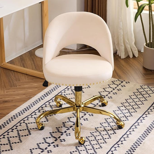 VINGLI Modern Velvet Small Office Chair,Cute Desk Chair with Wheels,Gold Base/Studs, Comfy Armless Swivel Vanity Task Chair for Women/Girl/Kids, Nail Tech Chair for Bedroom,Small Space,Beige