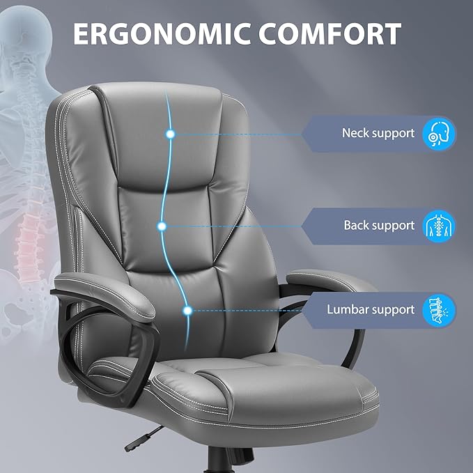 Shahoo Ergonomic Office Chair Executive PU Leather Chair with Comfortable Head Rest, Thickened Cushioned Armrest and Lumbar Support for Office & Home, Grey