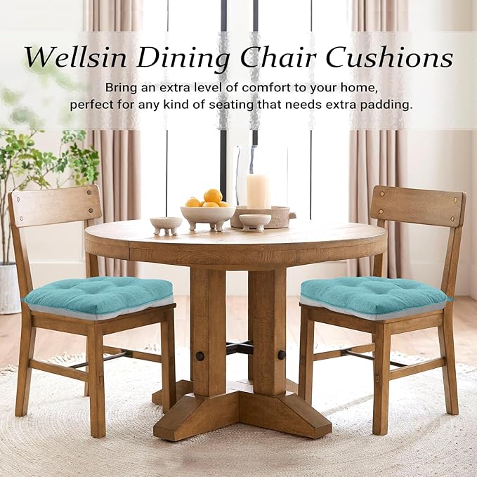 Wellsin Chair Cushions for Dining Chairs, Non-Slip Kitchen Chair Pads with Ties, Tufted Shredded Foam Kitchen Chair Cushions Set of 4, 15.5" X 15.5", Aqua Blue