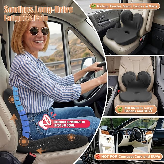 Car Seat Cushion with Lumbar Support for Long Driving Truck/RV, Ergonomic Memory Foam Office Chair Cushion for Sciatica, Tailbone & Lower Back Relief, Ideal Gift for Driver & Office Worker (Embroider)