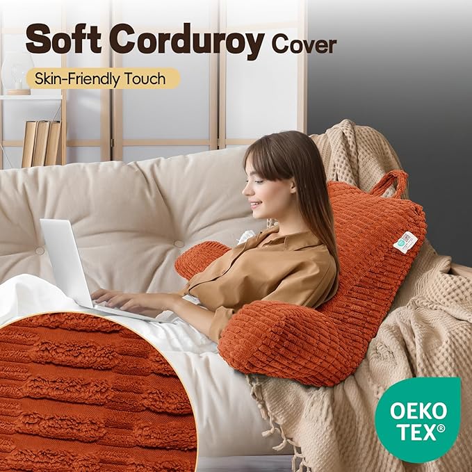 21" Higher Large Reading Pillow for Bed Adult, Back Pillow for Bed Sitting Up with Memory Foam Back Support with Arms Rest for Couch Chair Caramel