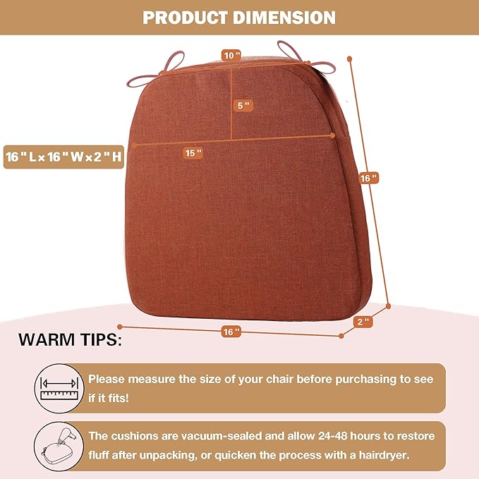 Battilo Chair Cushions for Dining Chairs with Ties, Outdoor Waterproof Kitchen Chair Pad with Non-Slip Backing, Seat Cushions with Machine Washable Removable Cover, 16"x16"x2", Set of 4, Caramel