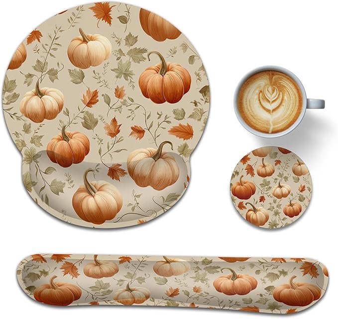 Pumpkin Wrist Rest Support for Mouse Pad Keyboard Set, Autumn Maple Leaves Mouse Pad with Non Slip Rubber Base for Home and Office Typing Support
