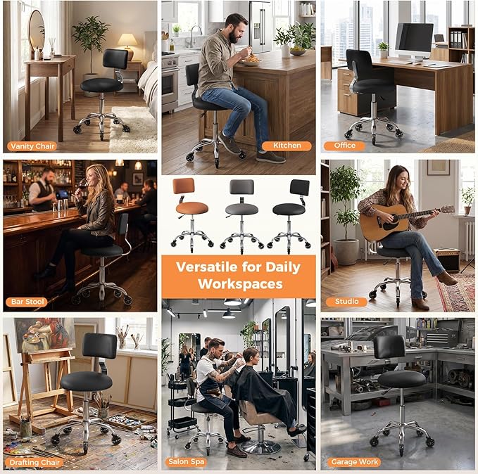 Rolling Stool Chair with Wheels, Office Drafting Chair with Back Support, Height Adjustable Standing Desk Stool with PU Leather Cushion for Home Office Kitchen Vanity Spa Garage Tattoo Dentist, Black