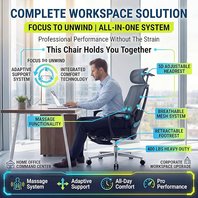 Ergonomic Office Chair with Footrest & Adjustable Lumbar Massager, High Back,Big and Tall,Desk Chair with 5D Headrest, Reclining Swivel Rolling Mesh Chair for Home Office, 400LBS (Black)