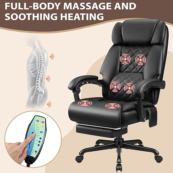 JUMMICO Massage Office Chair with 6 Point Vibration and Heat, Ergonomic Executive Home Office Desk Chair with Foot Rest, High Back 400LBS Leather Computer Chair for Home Office (Black)