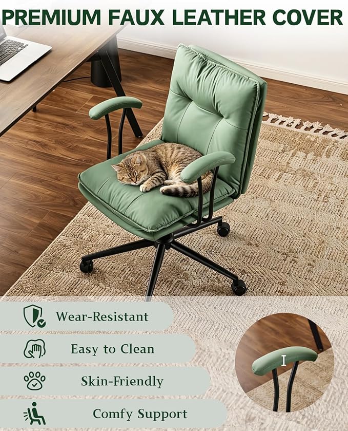 Karl home Faux Leather Office Chair with Removable Armrests, Adjustable Height & 360° Swivel, Tufted Thick Cushion Computer Desk Chair with Lumbar Support for Living Room, Vanity, Green