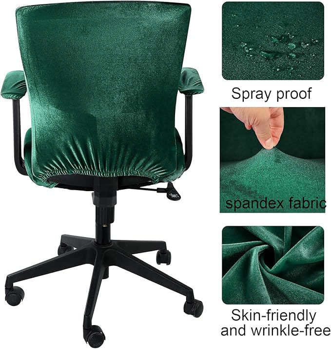 Tallew 4 Pcs Office Chair Covers Set Computer Universal Protective Stretchable Chair Seat Covers Desk Armrest Slipcovers Pads Office Cushion Backrest for Rotating(Dark Green)