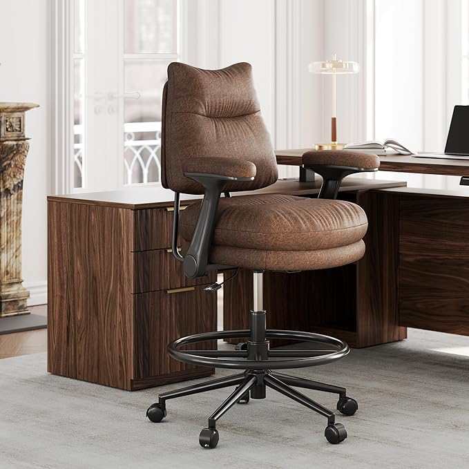 Executive Drafting Chair, Extral Thick Tall Office Chair with Padded Flip-Up Armrests, Mid-Back Cushioned Seat, 360° Swivel Rolling Computer Desk Chair, Vintage Brown