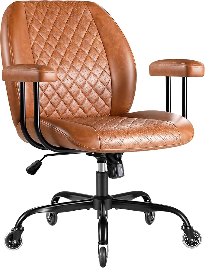 Furmax Ergonomic Home Office Chair Executive Leather Mid Back Desk Chair, Adjustable 360° Swivel Task Chair for Conference Room Study (Brown)