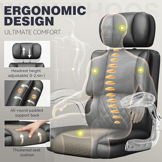 Executive Office Ergonomic Chair, Computer Chair with Adjustable Headrest,PU Leather Desk Chair,High-Back Swivel Task Chair for Home Office with Flip-Up Padded Armrests, 135°Reclining,Black