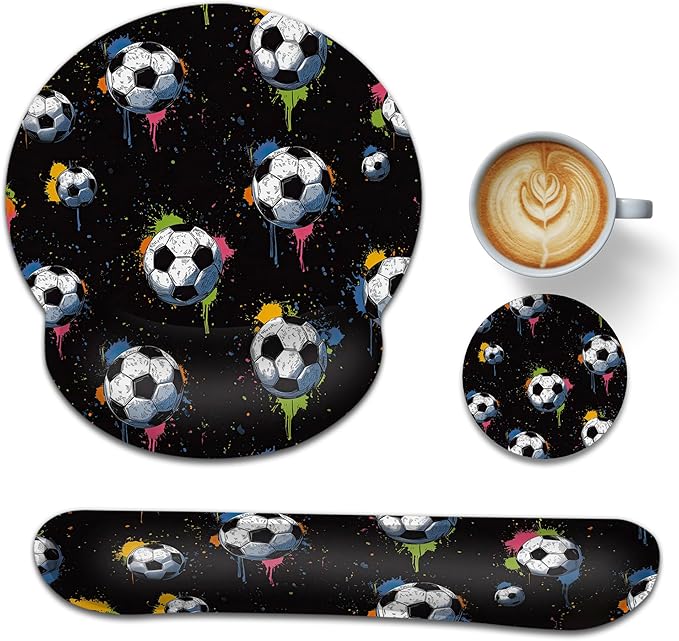 Soccer Keyboard Wrist Rest Pad Ergonomic Mouse Pad Set,3 in 1 Memory Foam Mouse Pad with Non Slip Base for Office and Home