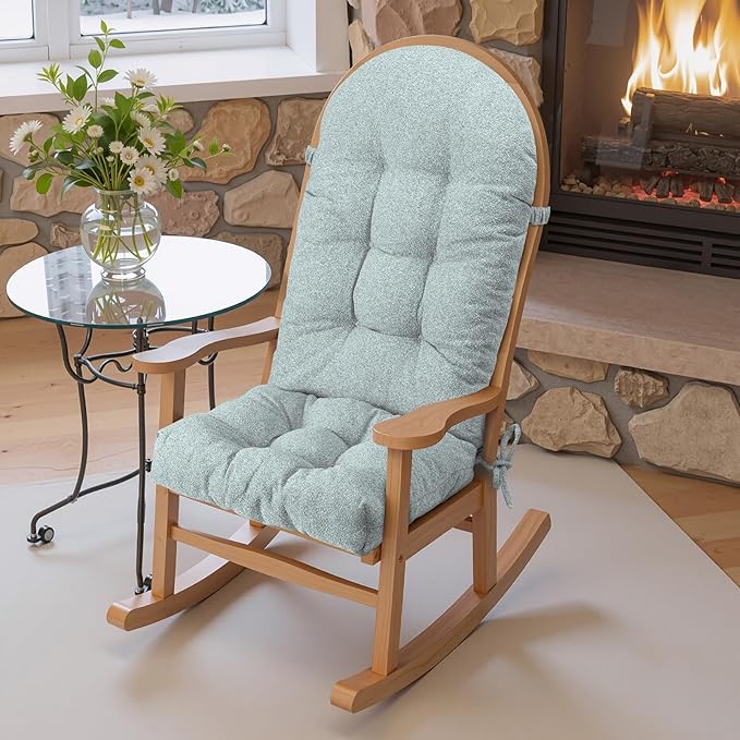 Rocking Chair Cushion - Lola Cotton-Linen Fabric, High-Density Sponge, Durable Comfort Non-Slip Bottom Tufted Seat Pads with Ties, Lola︱Grey-Blue, 44x19x4 inch