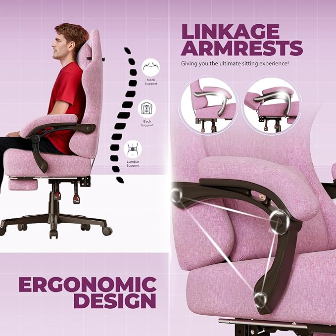 GTPLAYER Big and Tall Gaming Chair with Pocket Spring Cushion, High Back Ergonomic Computer Chair with Footrest for Adults Lumbar Support Swivel Game Chair for Office Gaming 350LBS, Fabric Pink