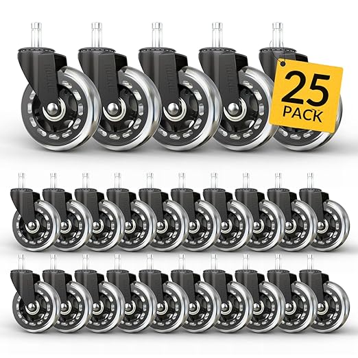 HOLKIE Office Chair Wheels Roller Blade Caster - Rubber Replacement for Office 11x22mm Transparent 3 Inch - Hardwood Floors Gaming Chair Wheels Set of 25 - Smooth & Silence Gliding for Desk