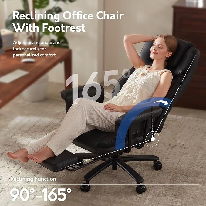 Executive Office Chair Big and Tall 500LBS, 165° Reclining Office Chair with Footrest, Leather Desk Chair with Quiet Rubber Wheels, Height Adjustable, Padded Arms, Black