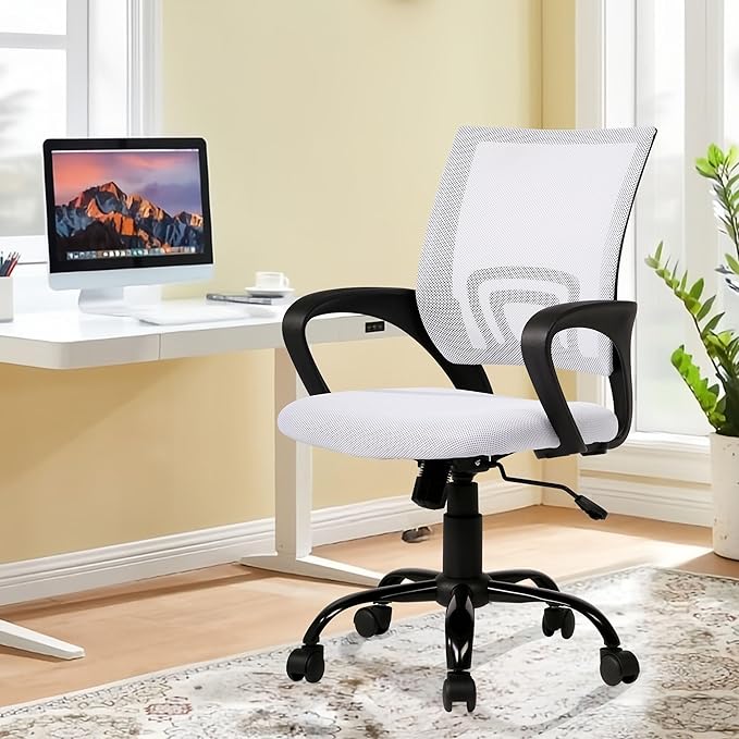 Computer Desk Chair,Work Chairs for Home Office,Ergonomic Office Chair with Lumbar Support,Mesh Office Chair with Arm and Wide Comfortable Seat,Adjustable Rolling Office Chair,White