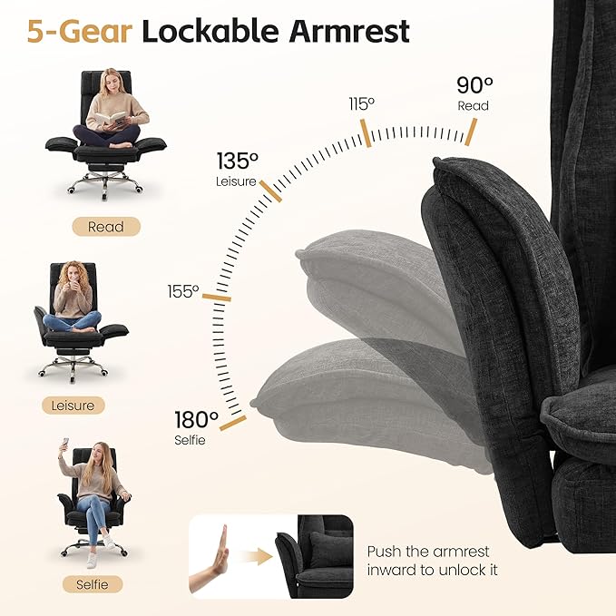 Big and Tall Office Chair, Cloud Reclining Office Chair with Footrest & Flip Armrest for Pets, Executive Ergonomic Criss Cross Desk Chair, Swivel Gaming Chair with Lumber Pillow, Chenille Dark Black