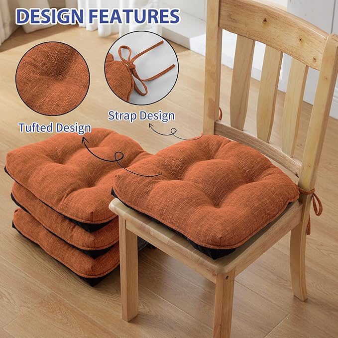 IPYNBAP Chair Cushions for Dining Chairs Set of 4, Kitchen Chair Cushions, Chair Pads with Ties and Non Slip Backing, Tufted Memory Foam Seat Cushion 4 Pack, 15.5" x 15.5" x 4", Orange