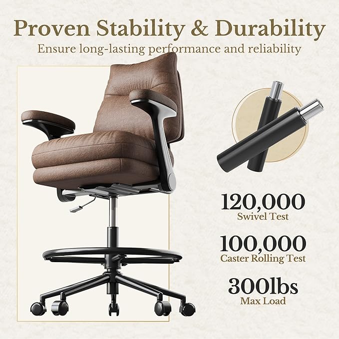 Executive Drafting Chair, Extral Thick Tall Office Chair with Padded Flip-Up Armrests, Mid-Back Cushioned Seat, 360° Swivel Rolling Computer Desk Chair, Vintage Brown