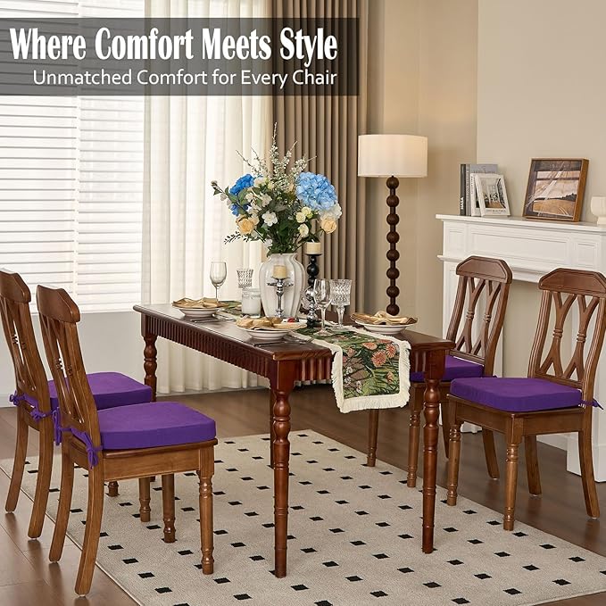 2'' Thick High-Density Foam Indoor Chair Cushions | Dining Chair Pads with Ties, Removable Washable Cover, Kitchen Chair Cushions 17"x16",Purple 6 Pack