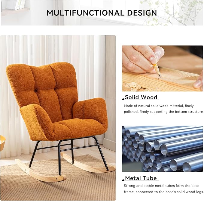 FOXHUNTER Rocking Chair Nursery Teddy Upholstered Glider Rocker High Backrest Nursery Rocker Comfortable Stylish Accent Armchair for Living Rooms Bedrooms Offices (Teddy Caramel)