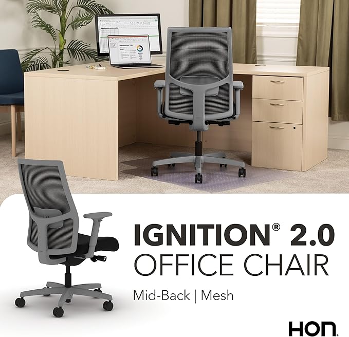 HON Ignition 2.0 Mid Back Task Chair, Advanced Synchro-Tilt Control, Office Chair with Lumbar Support, Height and Width Adjustable Arms, Titanium Frame, Black