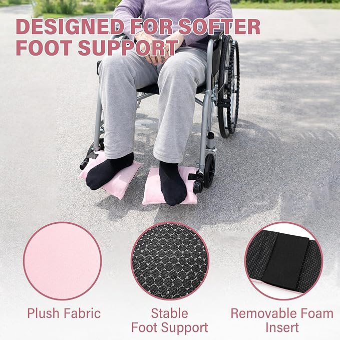SPRING SEAON Wheelchair Footrest Covers, 1 Pair Soft Plush Foot Rest Pads with Non-Slip Backing, Removable Foam Insert, Hook-and-Loop Closure, Fits Most Standard Wheelchairs (Pink)