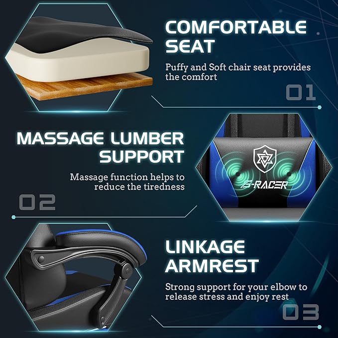 Homall Gaming Chair with Massage & Footrest, Ergonomic Computer Office Chair, High-Back Racing Style Reclining Chair with Adjustable Lumbar Support, PU Leather for Adults (Blue)