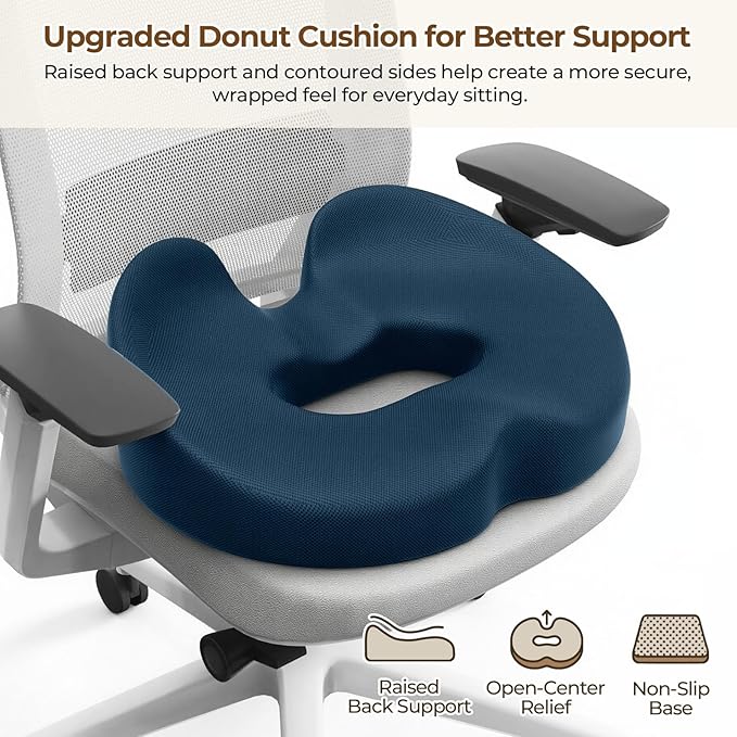 TushGuard Ergonomic Donut Pillow Seat Cushion with Raised Rear Support, Large Memory Foam Cushion for Tailbone, Hemorrhoids & Sciatica Relief, Office Chair, Car, Travel, Postpartum, Blue