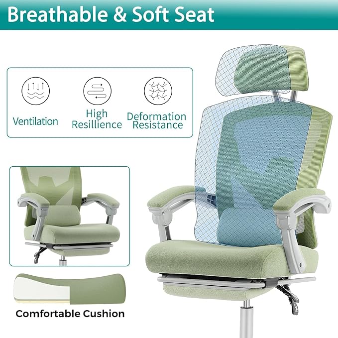 Simple Deluxe Home Office Desk Chair with Footrest, High-Back Mesh Rolling Swivel Reclining Chairs with Wheels, Comfortable Headrest, Lumbar Support, Comfy Arms