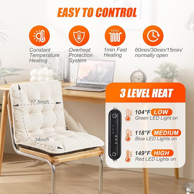 Suchtale Plug-in Heated Seat Cushion, Corduroy Heating Chair Pad with 3 Heat Levels & Timer, Fast-Heating 5V2A Input, Soft Thick Padding for Office, Home & Indoor Seating –White