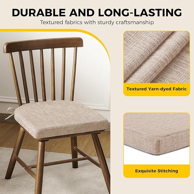 downluxe Indoor Chair Cushions for Dining Chairs,Kitchen Chair Pads with Ties and Non-Slip Backing, 16" x 16" x 2", Oatmeal Beige, 2 Pack