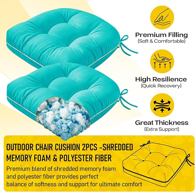 1 MIDDLE ONE Outdoor Chair Cushions Set of 2, Outdoor Cushions for Patio Furniture and Wicker Chair, Memory Foam Patio Seat Cushion Pads with Ties, 19 x 19 Inch (Teal)