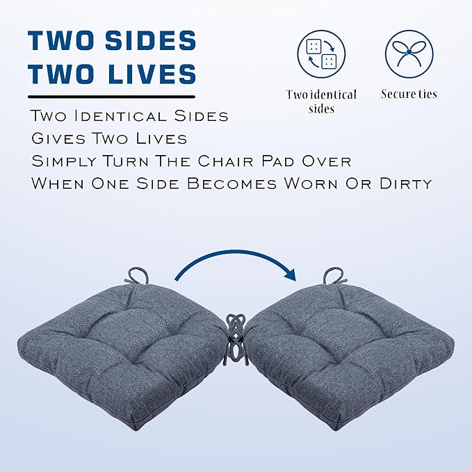 SQUARE MOON D-Shaped 3" Thick Chair Cushions, Chair Pads for Dining Chairs and Kitchen Chairs, Indoor Dining Room Seat Cushions with Ties, Machine Washable, 17" x 16" x 3", 4/Pack, Grayish Blue